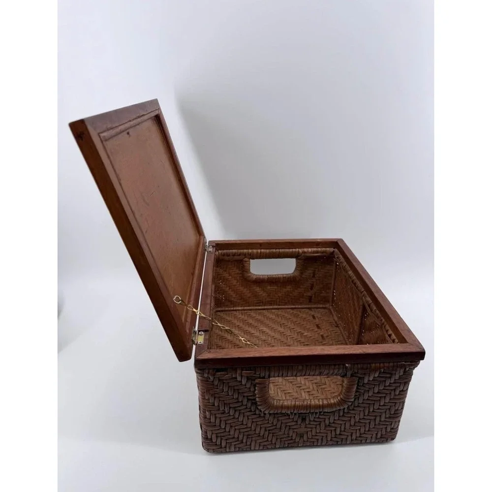 Storage Box Medium Herringbone Weave Rattan Wood Brown Solid